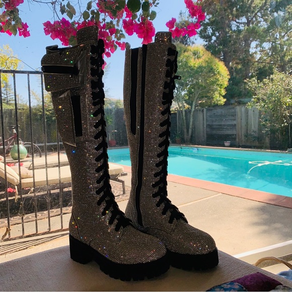 New Dolls Kill x Club Exx Gunmetal Rhinestone combat Boots - Picture 3 of 5